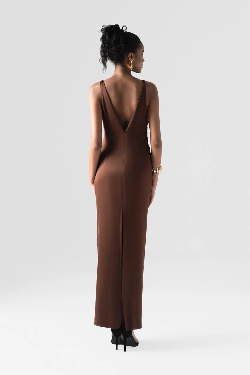 Mocha Twist Front Gown with Deep V-Neck