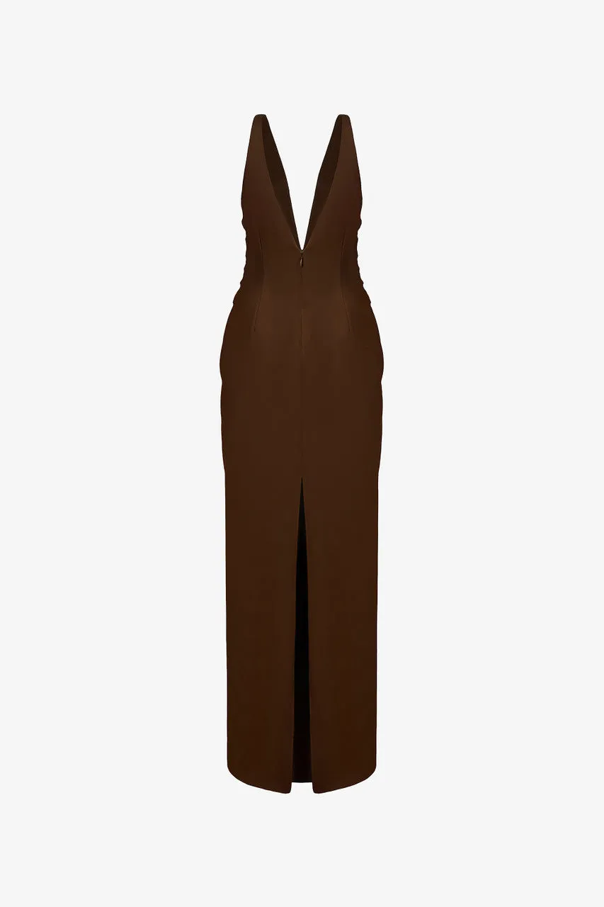 Mocha Twist Front Gown with Deep V-Neck