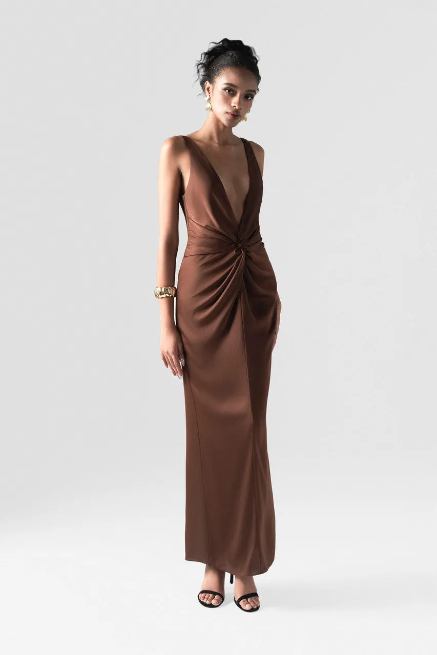 Mocha Twist Front Gown with Deep V-Neck