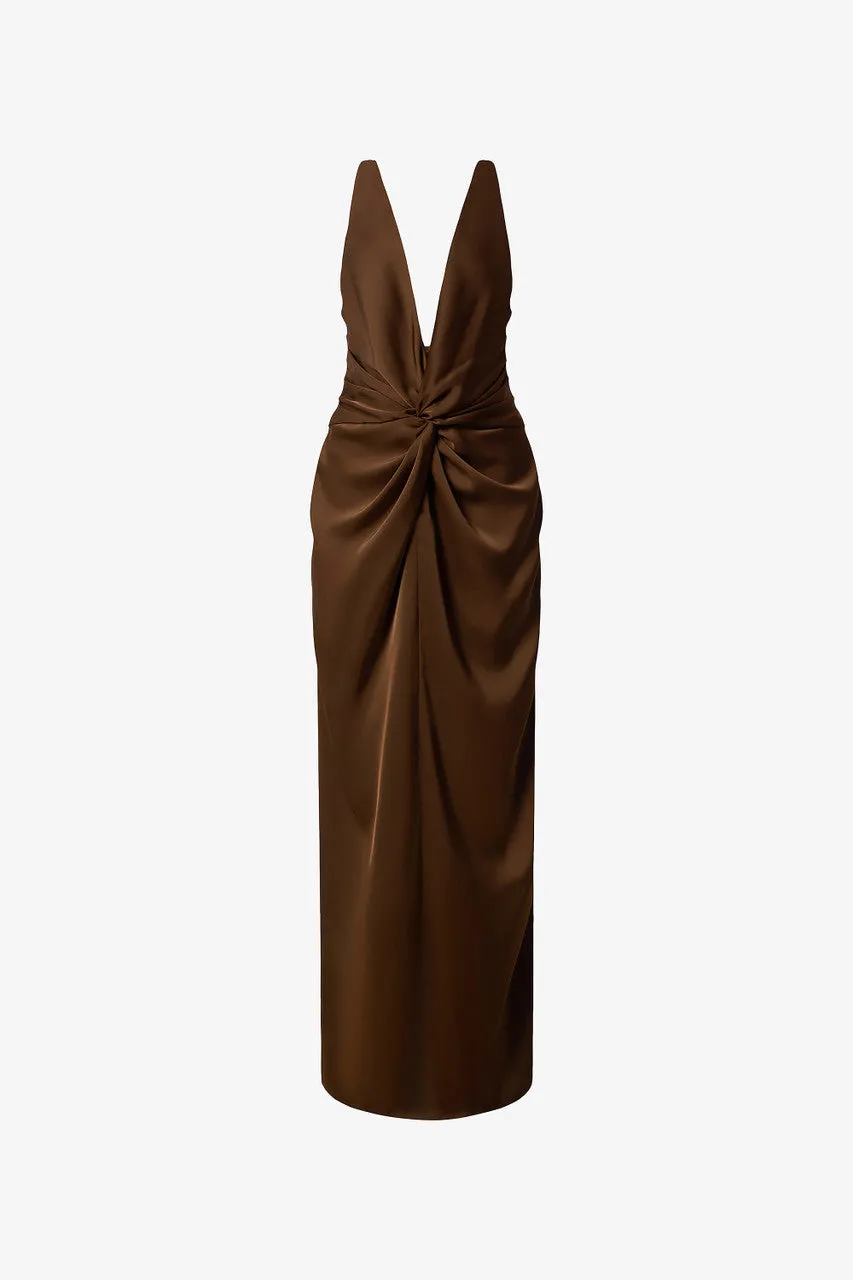 Mocha Twist Front Gown with Deep V-Neck