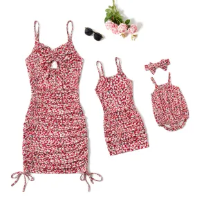 Mommy and Me Allover Floral Print Drawstring Ruched Bodycon Cami Dresses