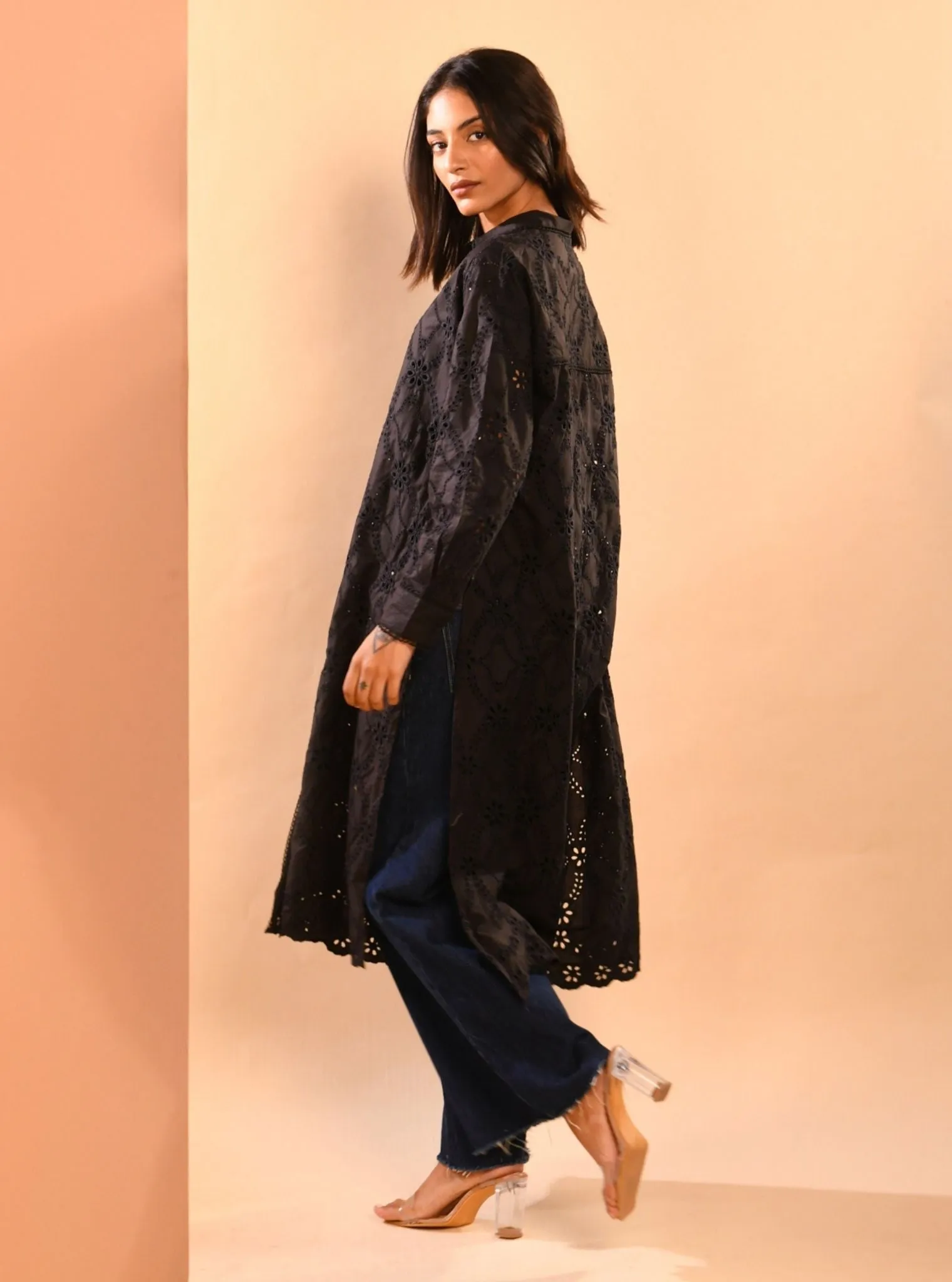 Mulmul Cotton Trix Black Long Shirt