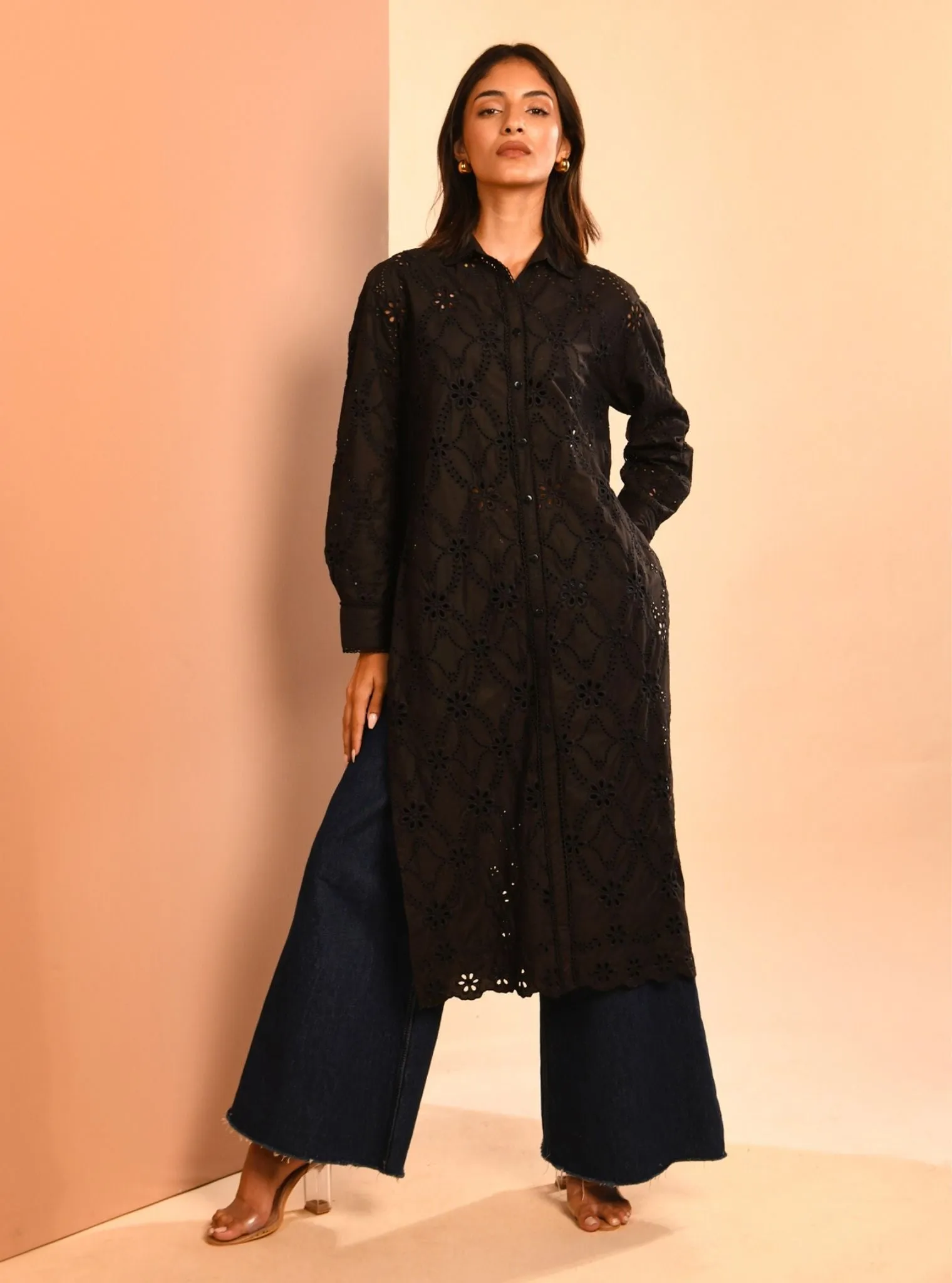 Mulmul Cotton Trix Black Long Shirt