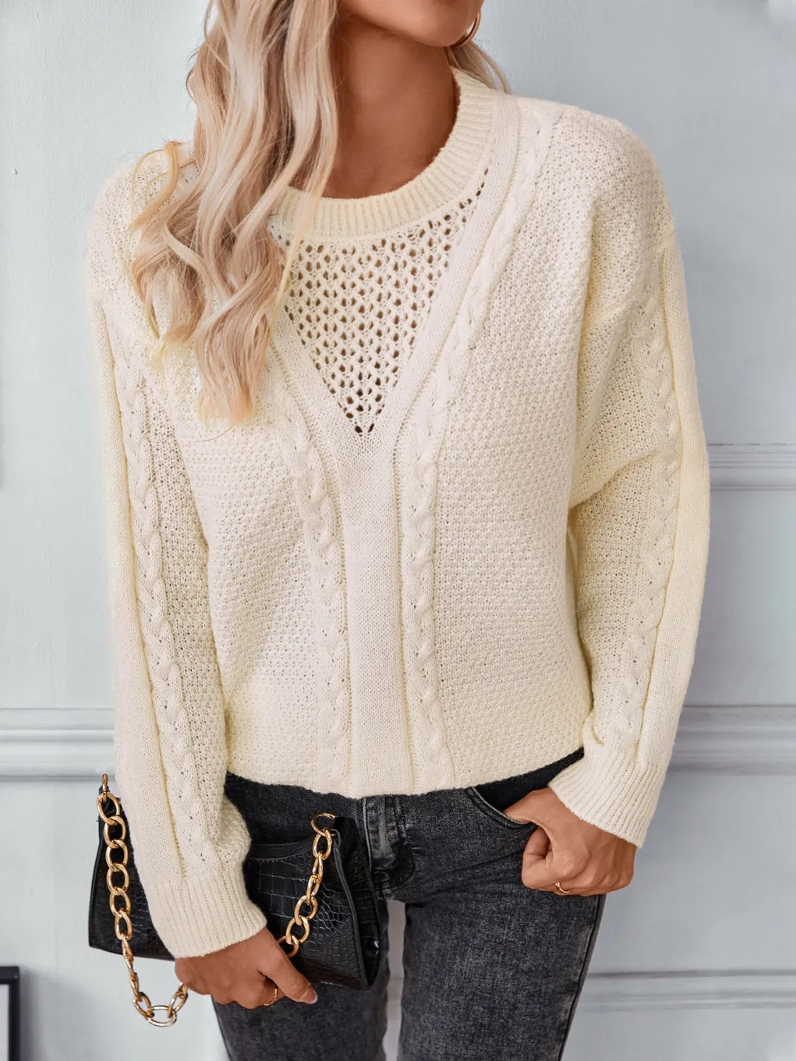 Openwork Cable-Knit Round Neck Long Sleeve Sweater | Sweater Weather