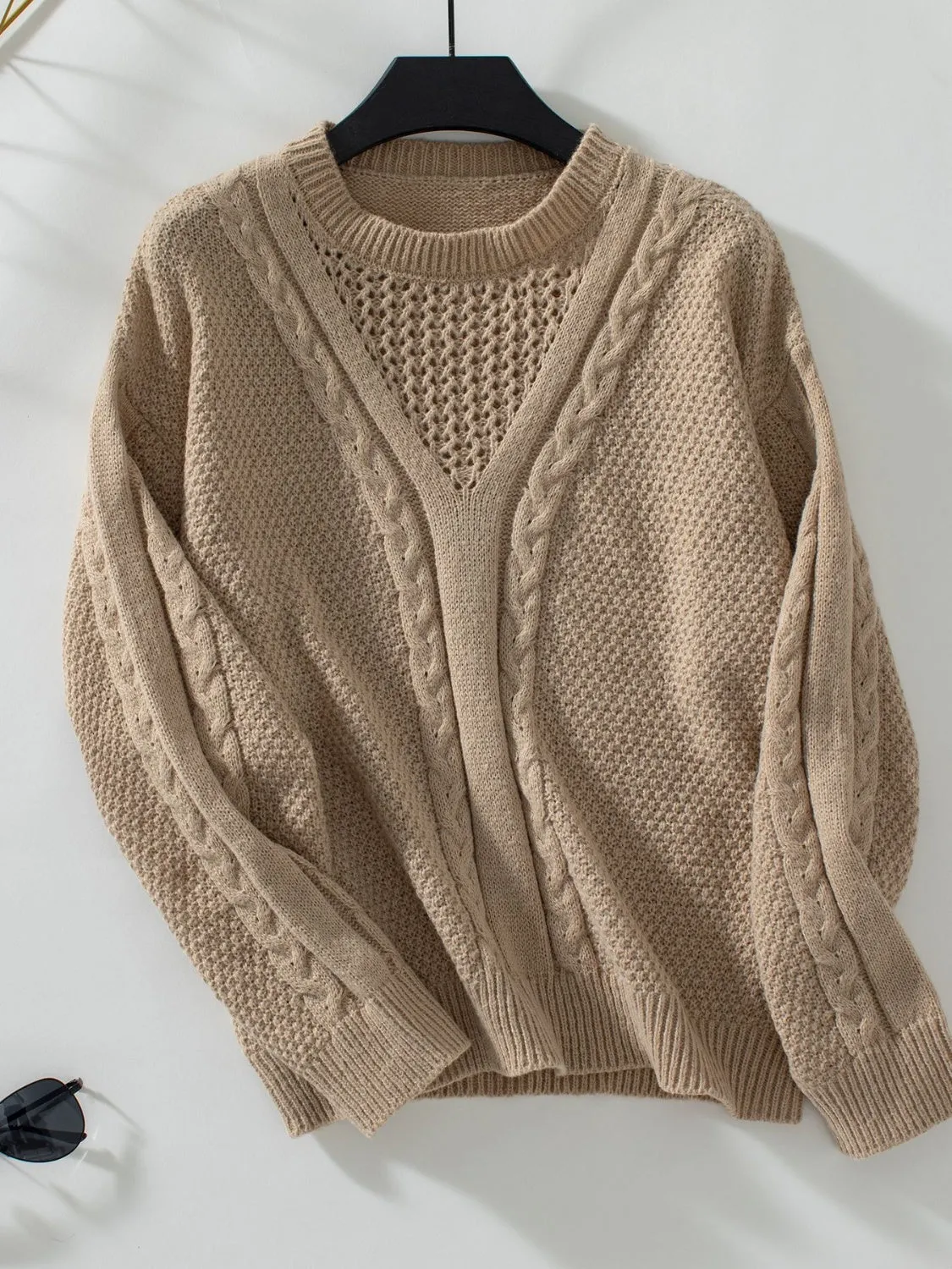 Openwork Cable-Knit Round Neck Long Sleeve Sweater | Sweater Weather