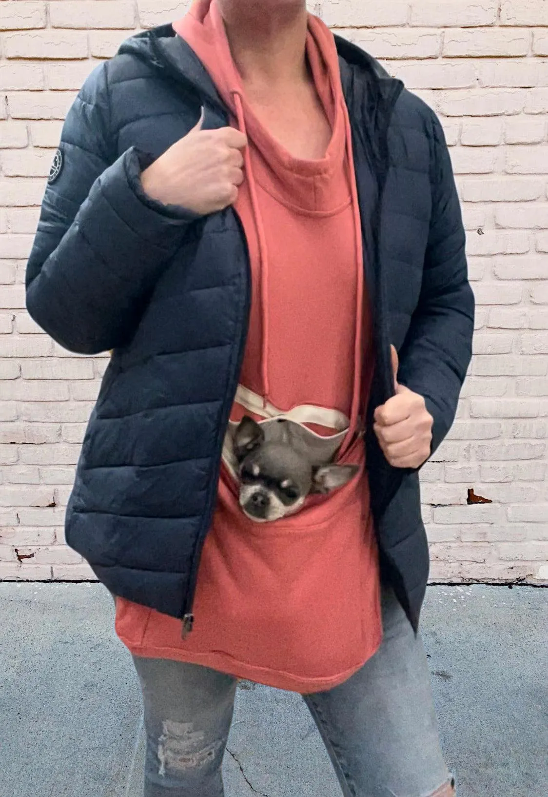 Pet Pocket Hoodie Carrier sweater, with custom pet portrait