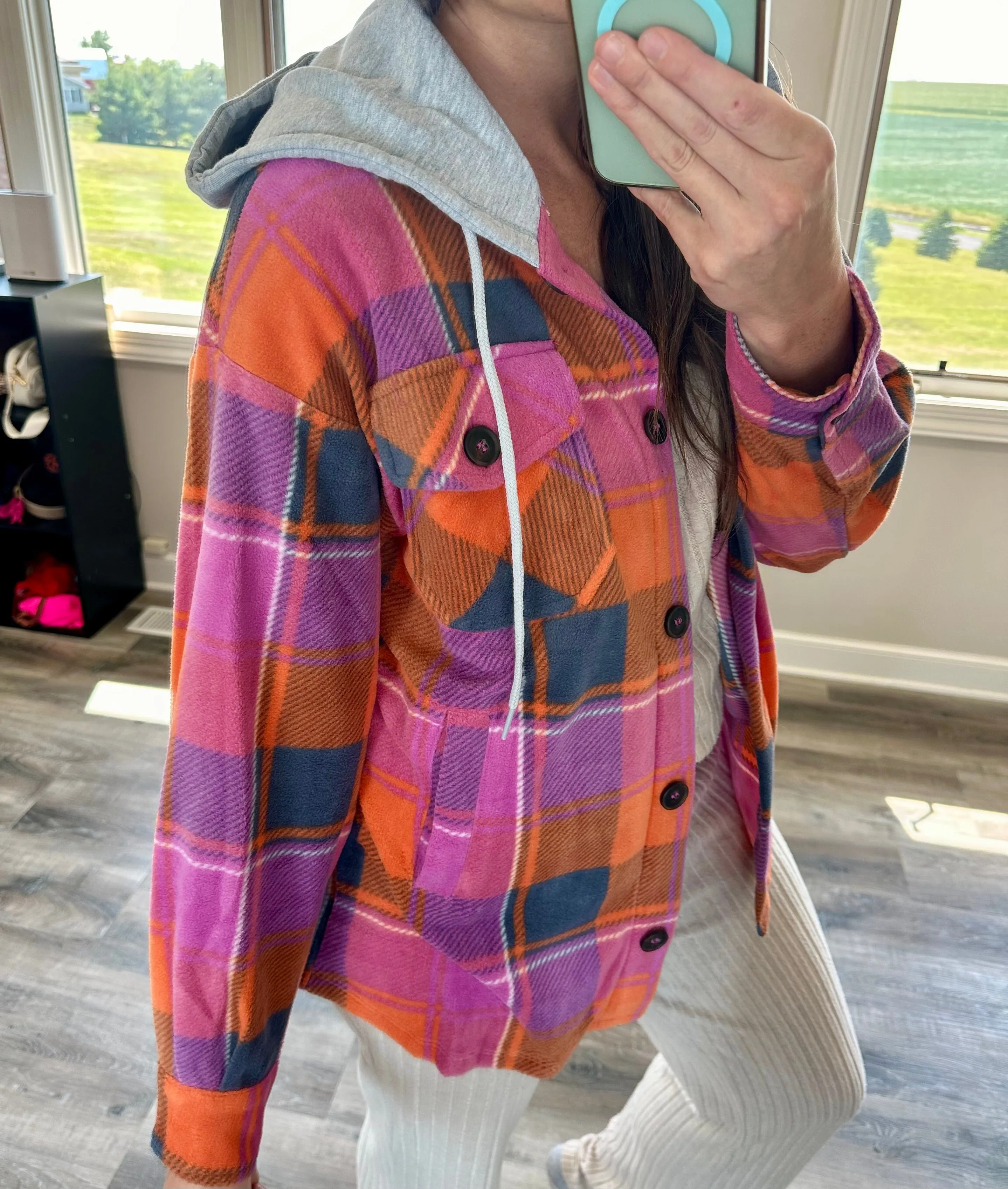 Peyton Plaid Hooded Shacket - Pink