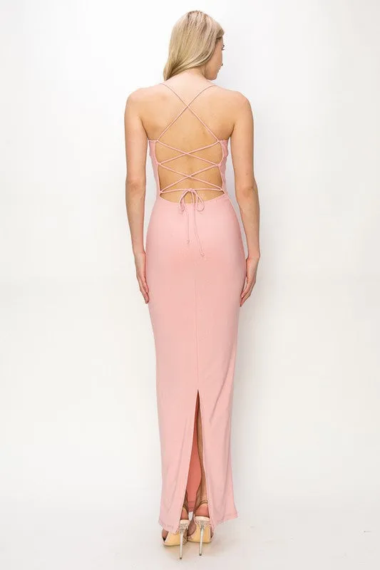 Pink Glitter Crossed Back Maxi Dress