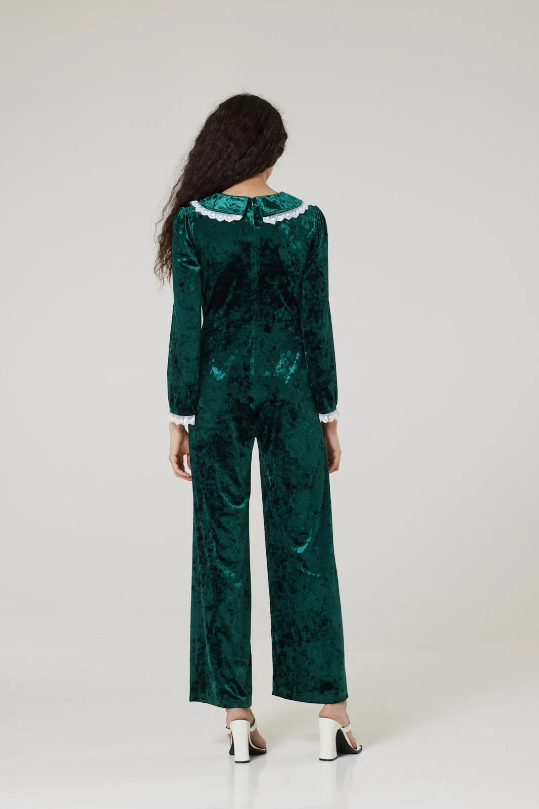 Pixie Festive Wide Leg Velvet Jumpsuit in Green