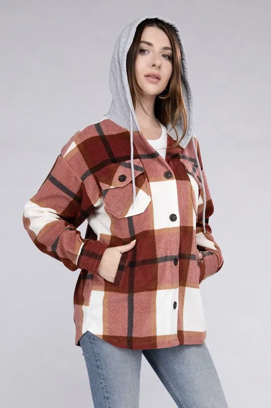 Plaid Drawstring Hooded Fleece Shacket