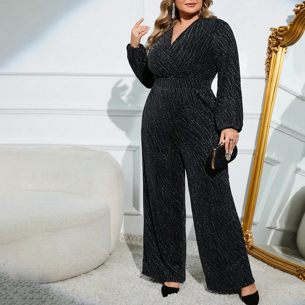 Plus Size V neck Wide Leg Long Sleeve Velvet Jumpsuit