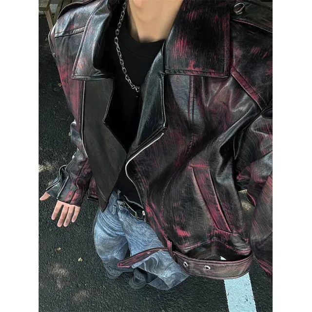 Red Brushed PU Leather Buckle Jacket