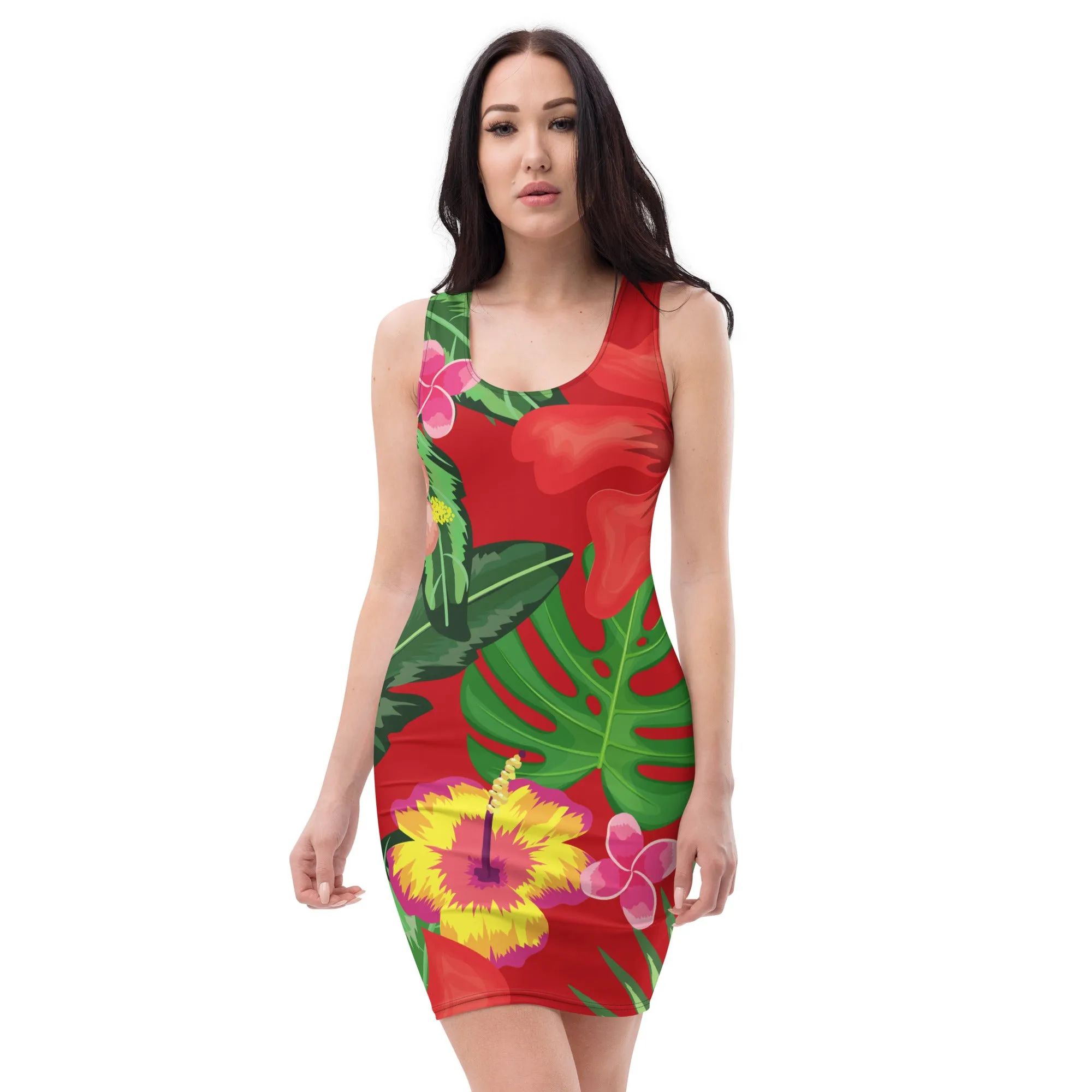 Red Tropical Print Bodycon Dress