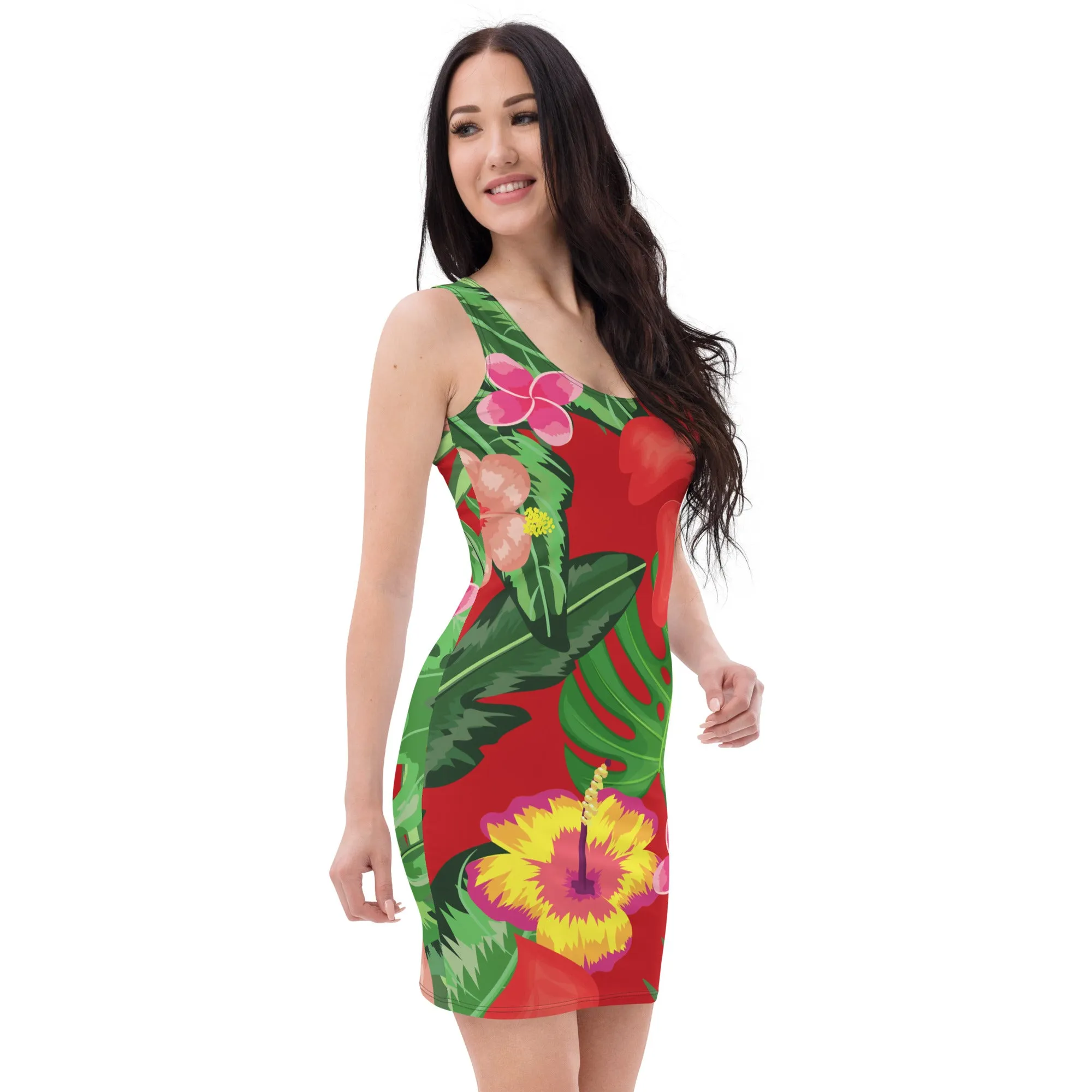 Red Tropical Print Bodycon Dress