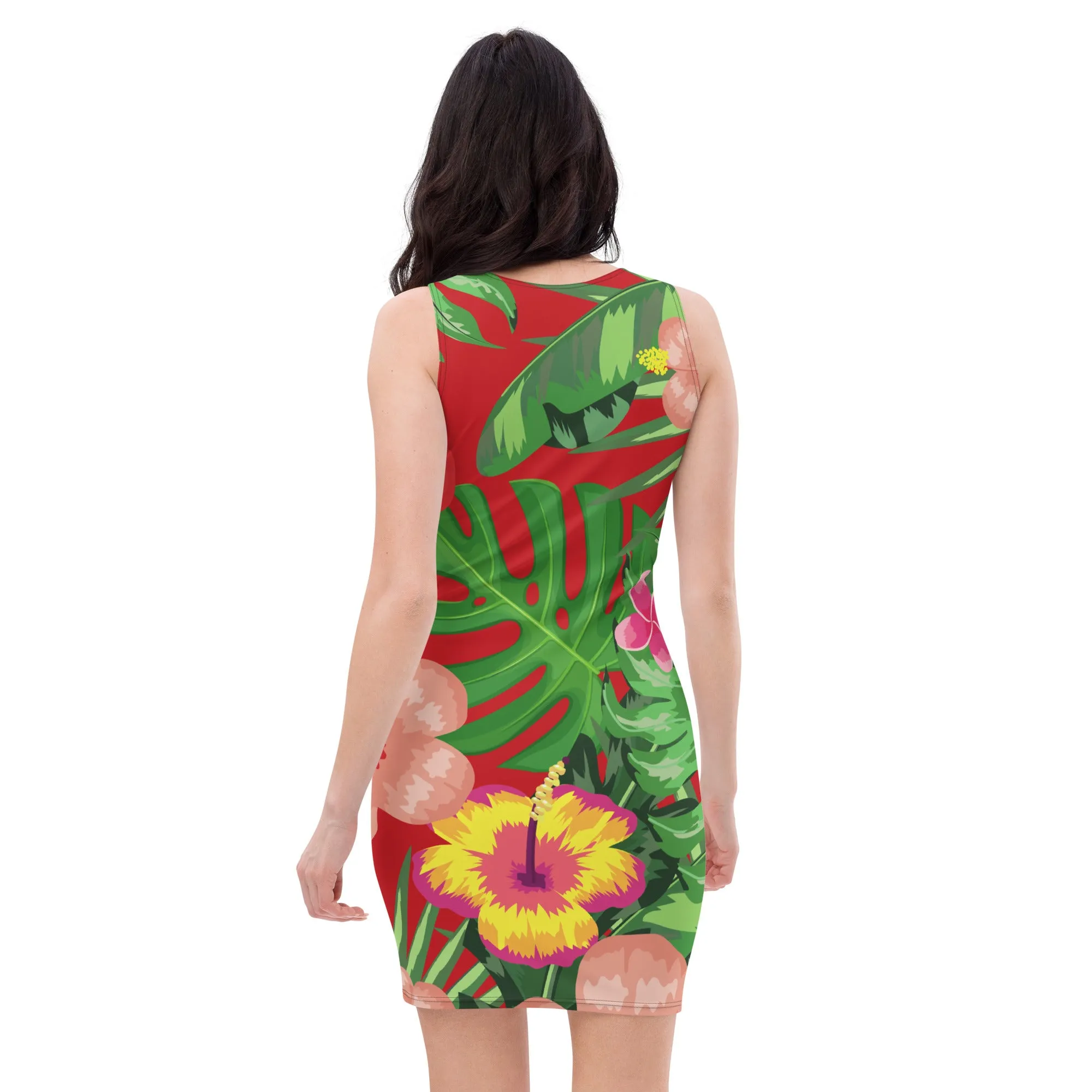 Red Tropical Print Bodycon Dress