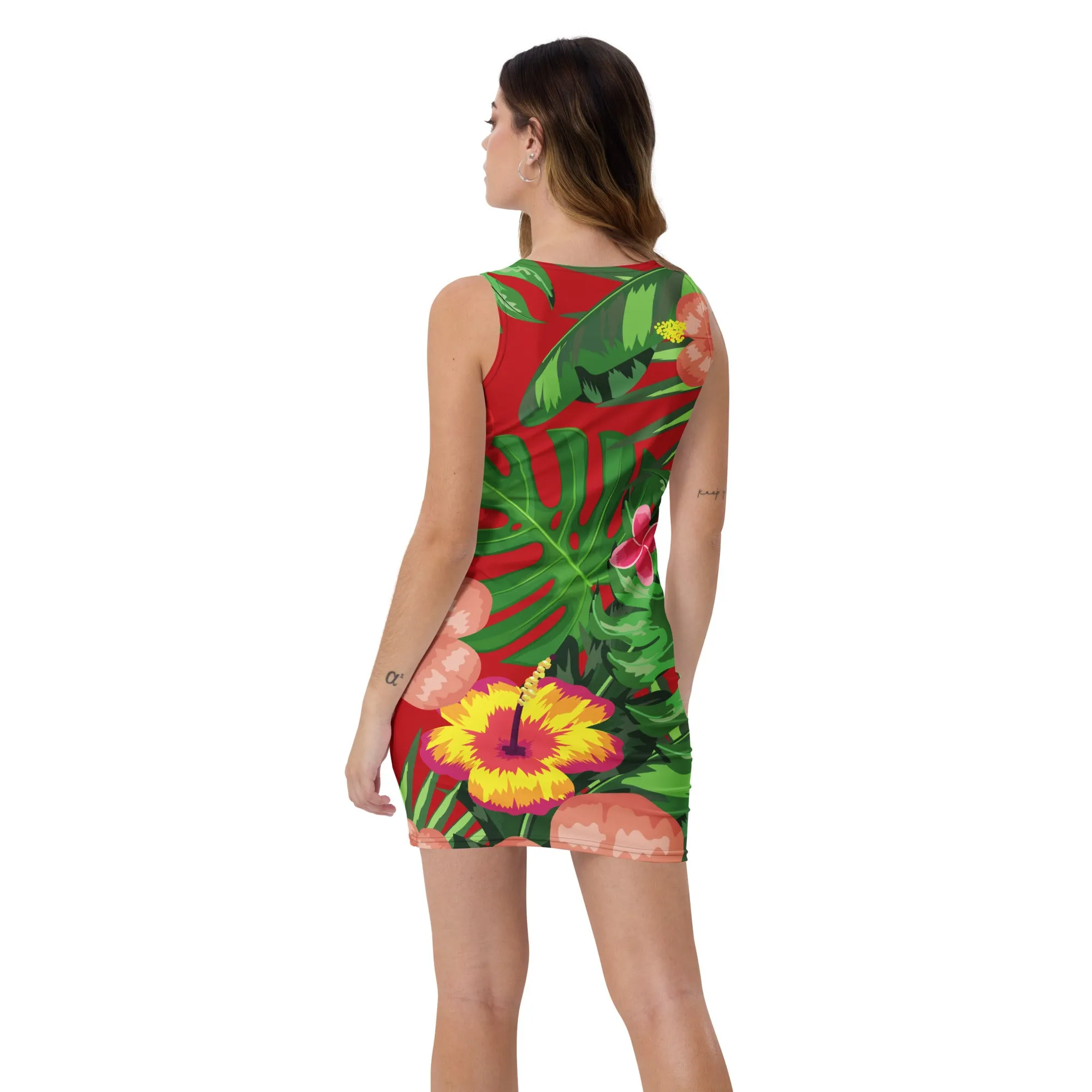 Red Tropical Print Bodycon Dress