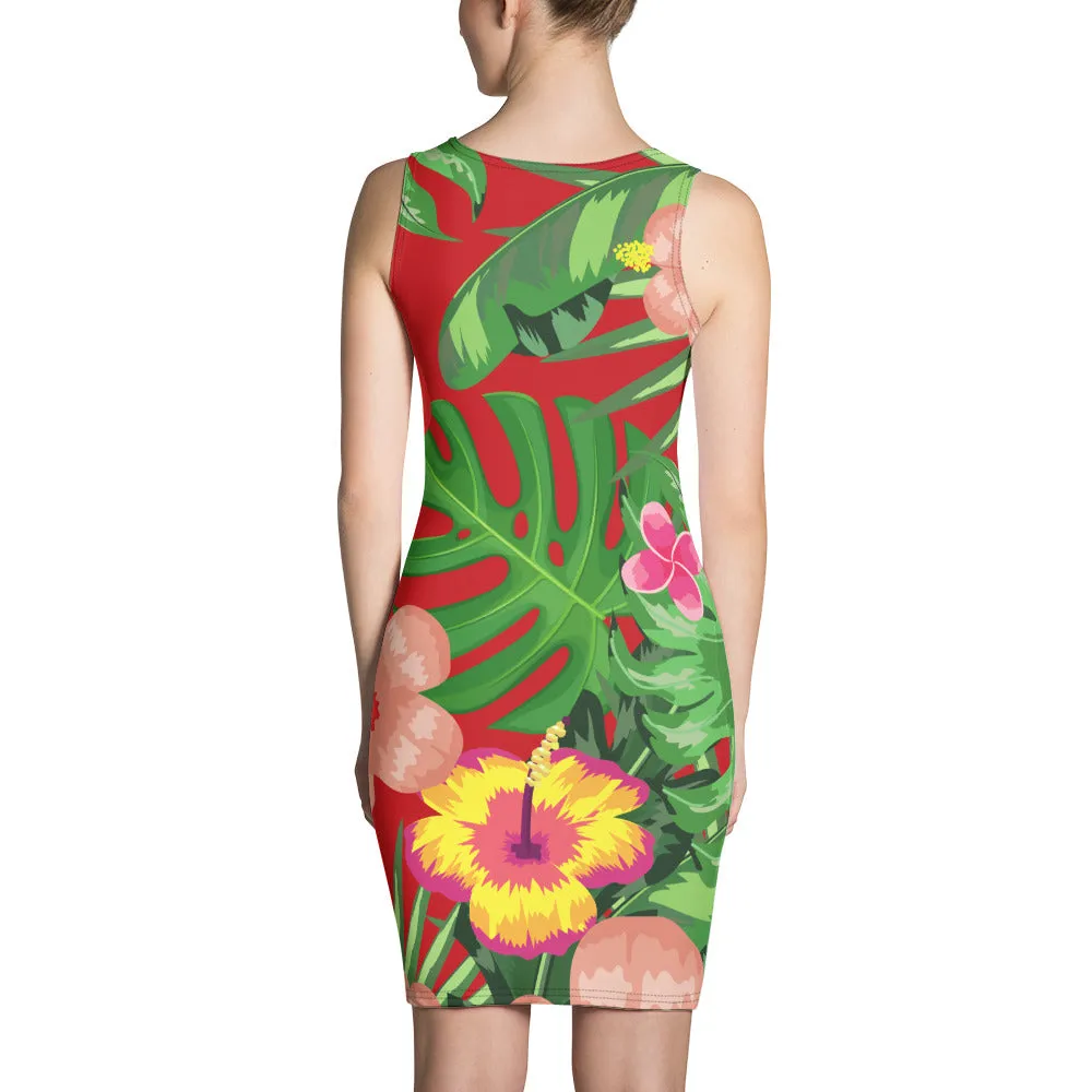 Red Tropical Print Bodycon Dress