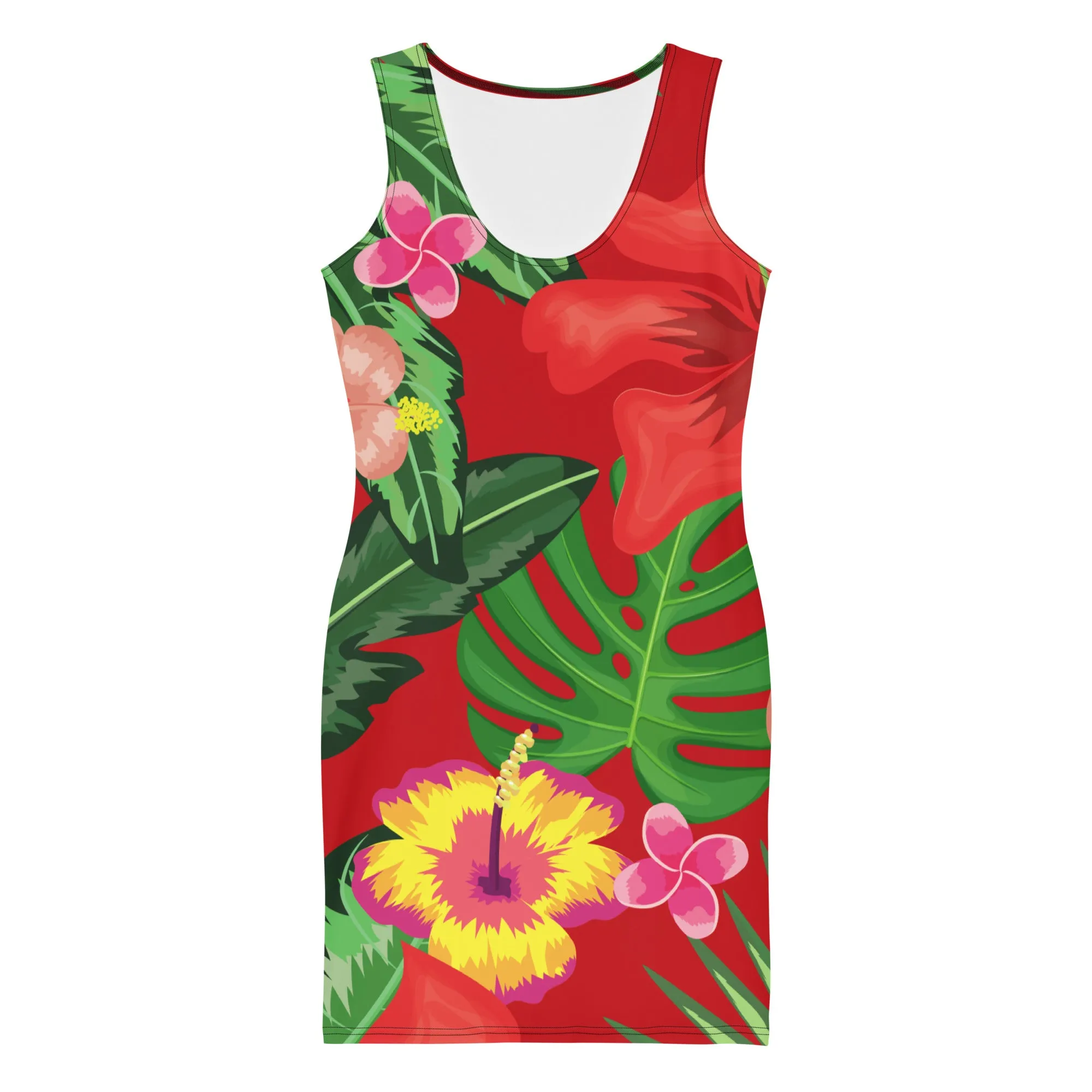 Red Tropical Print Bodycon Dress