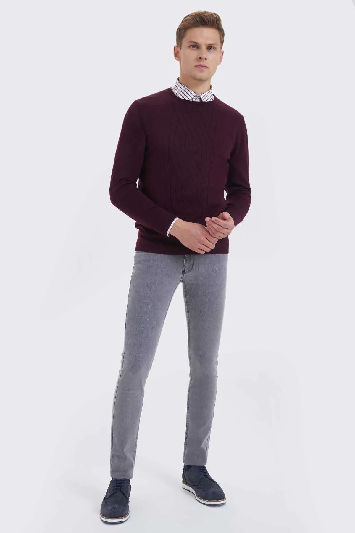 Regular Fit Plain Wool Blend Navy Crewneck Sweater, Burgundy