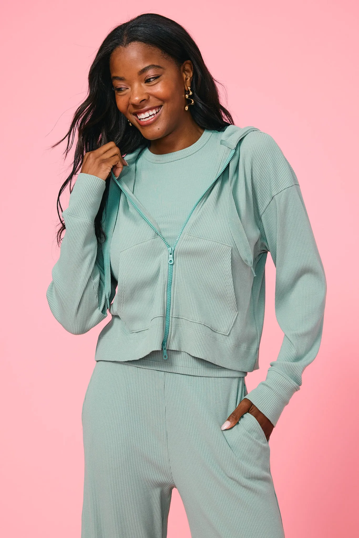 Rib Crop Hoodie in Sage