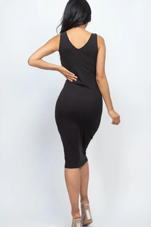 Ribbed Back Slit Bodycon Midi Dress