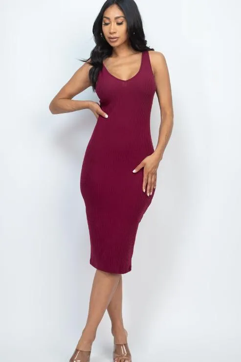 Ribbed Back Slit Bodycon Midi Dress