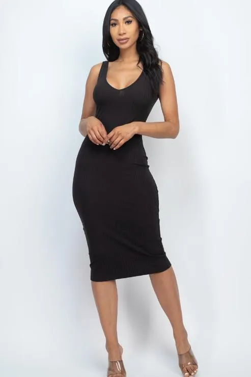 Ribbed Back Slit Bodycon Midi Dress