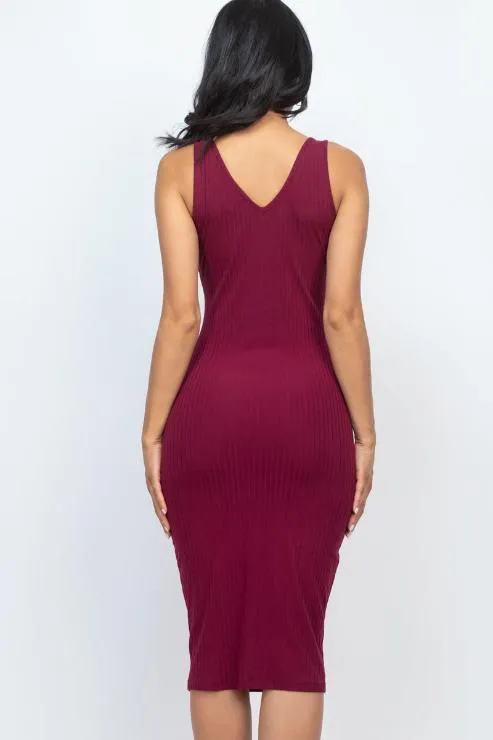 Ribbed Back Slit Bodycon Midi Dress