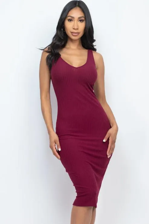 Ribbed Back Slit Bodycon Midi Dress