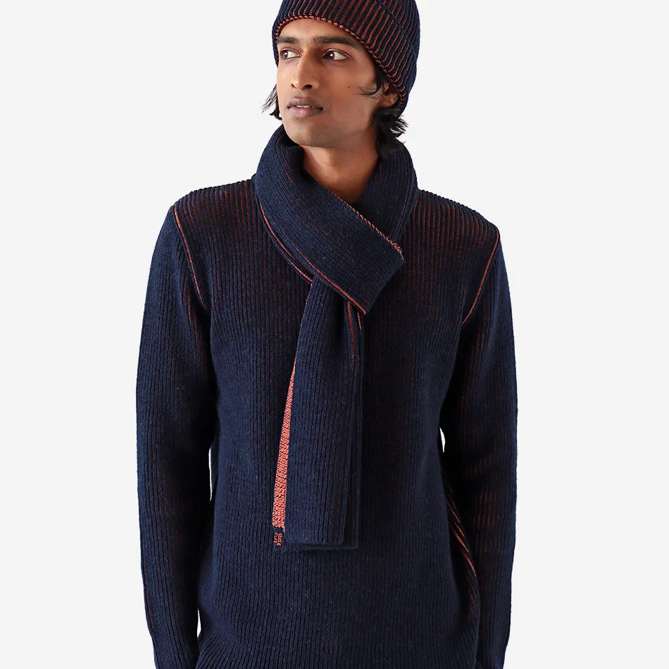 Ribbed Wool Knit Scarf - Navy Iris/Burnt Orange