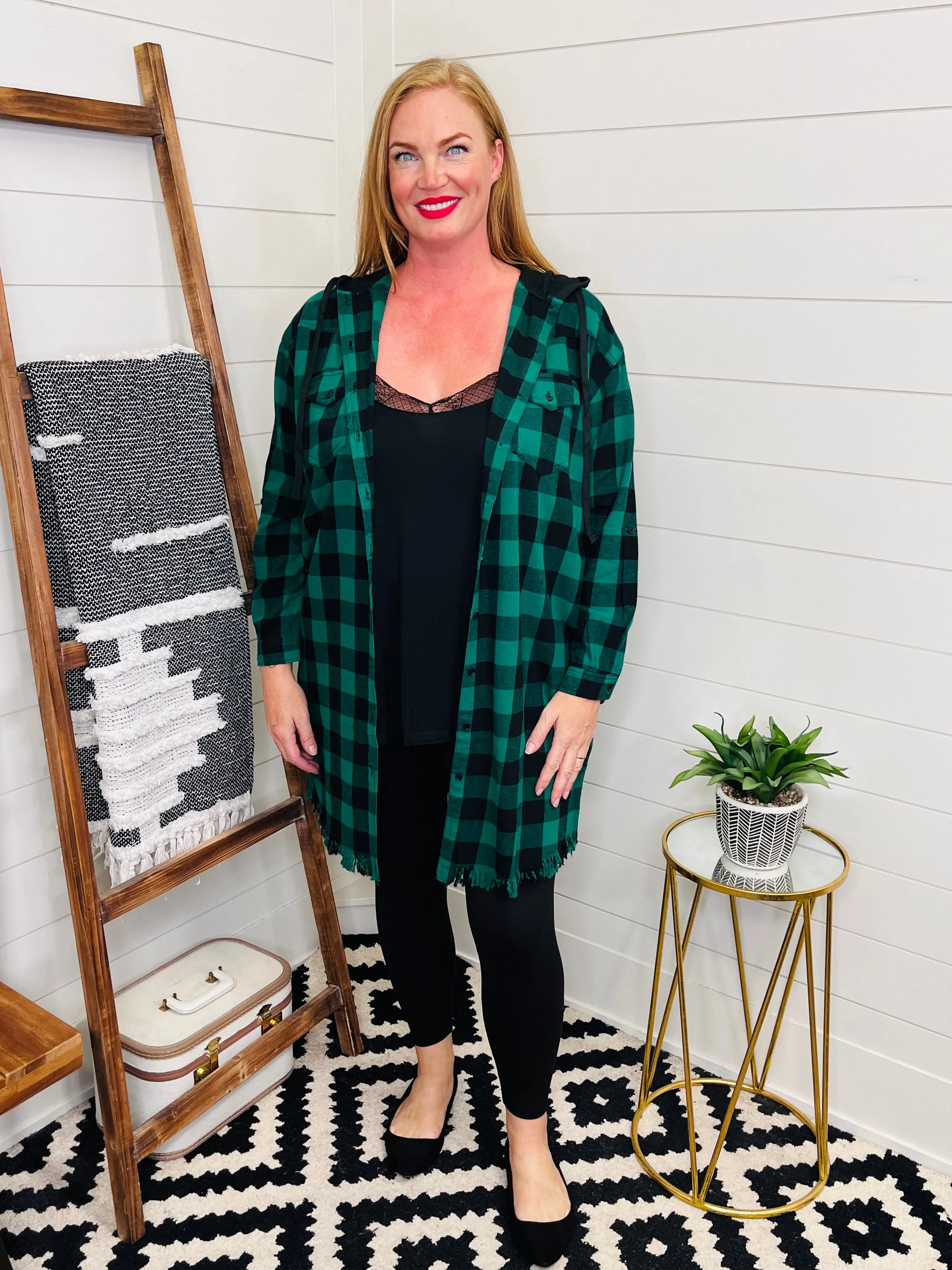 Risen Green Plaid Hooded Longline Shacket w/ pockets