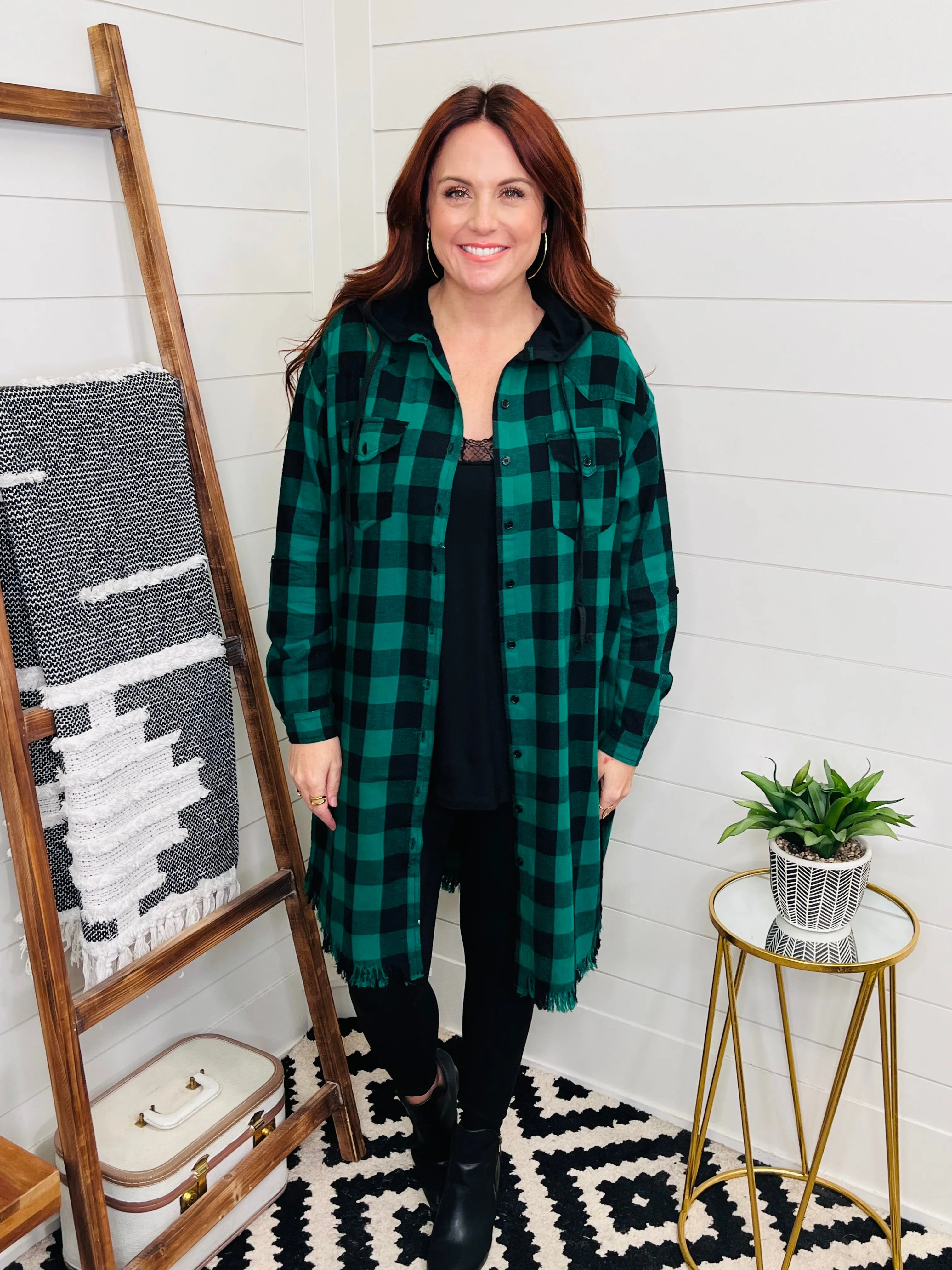 Risen Green Plaid Hooded Longline Shacket w/ pockets