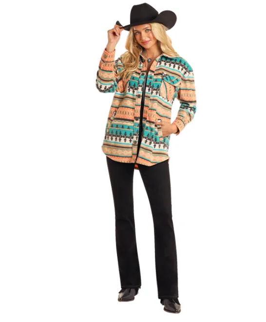 Rock & Roll Cowgirl Women's Turquoise Aztec Fleece Shirt Jacket BW92C05212