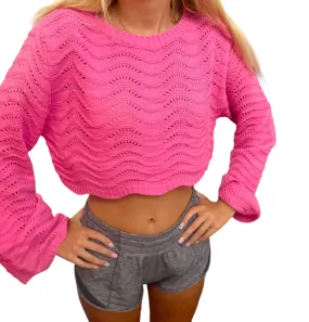 Scalloped Bliss: Hot Pink Cropped Crochet Sweater