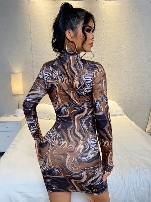 Sexy Brown & Black Abstract Wave Bodycon Mini Dress