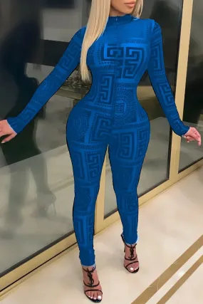 Sexy Cobalt Blue Italian Print Catsuit Jumpsuit