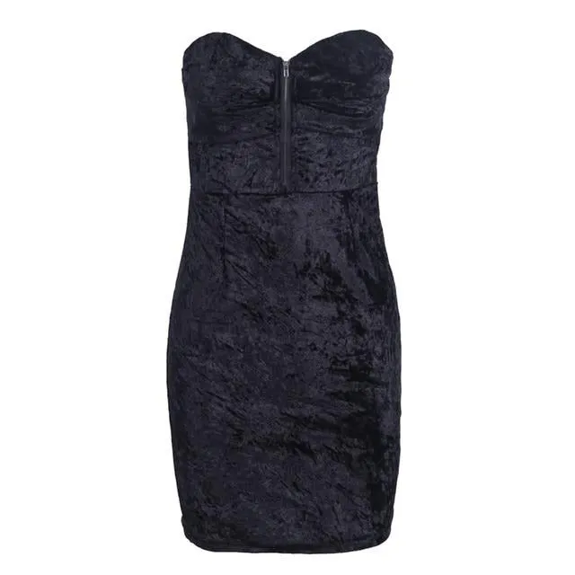 Sexy Strapless Velvet Bodycon Skinny Zipper Print Mini Dress