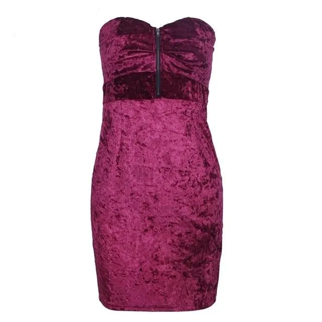 Sexy Strapless Velvet Bodycon Skinny Zipper Print Mini Dress