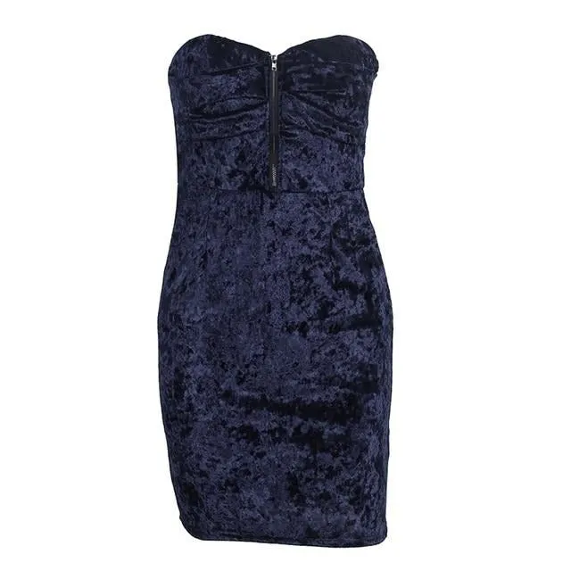 Sexy Strapless Velvet Bodycon Skinny Zipper Print Mini Dress