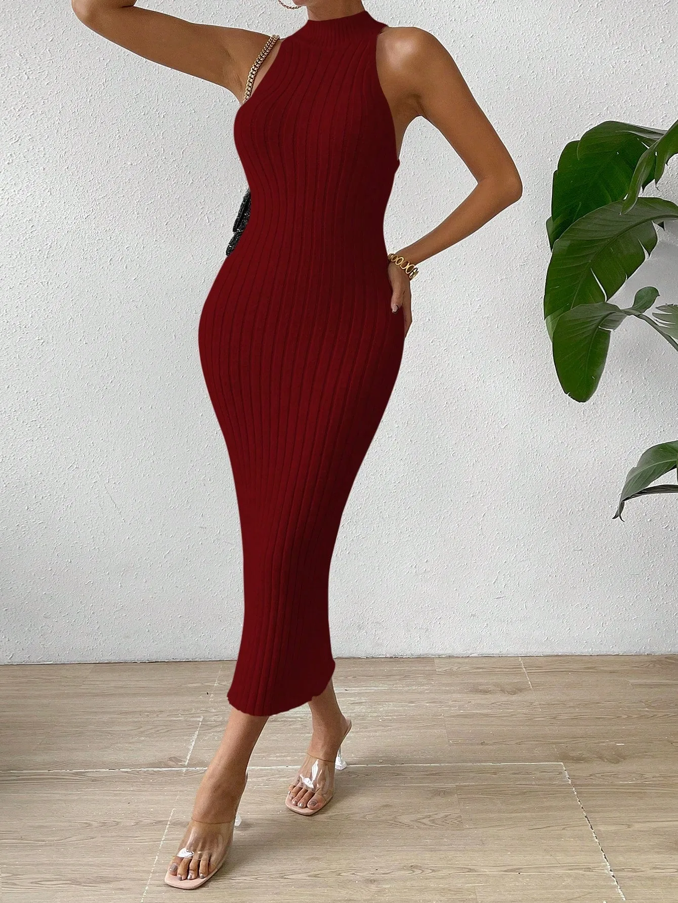 Solid Ribbed Knit Sweater Dress