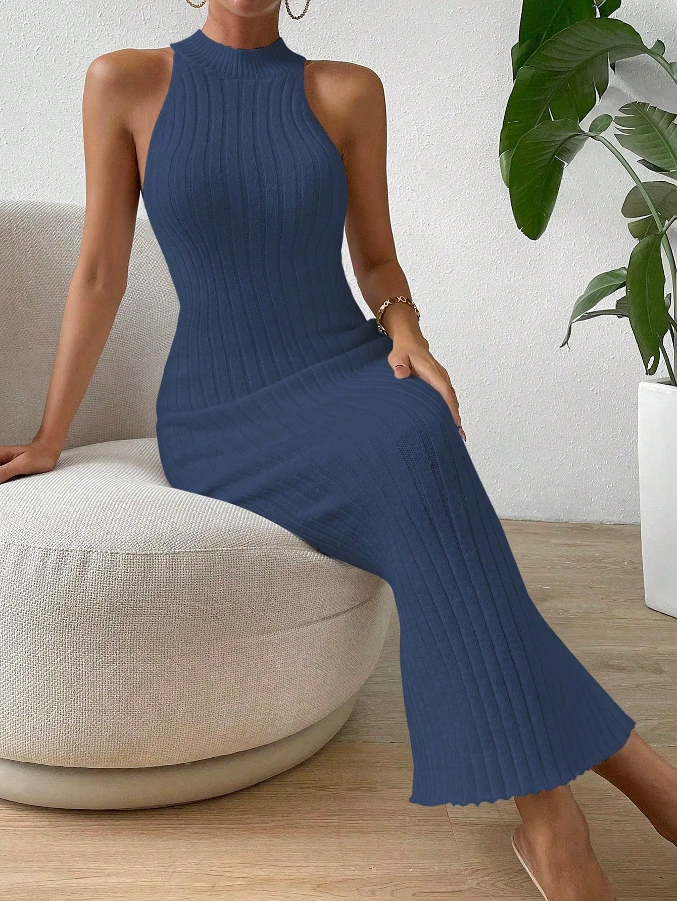 Solid Ribbed Knit Sweater Dress