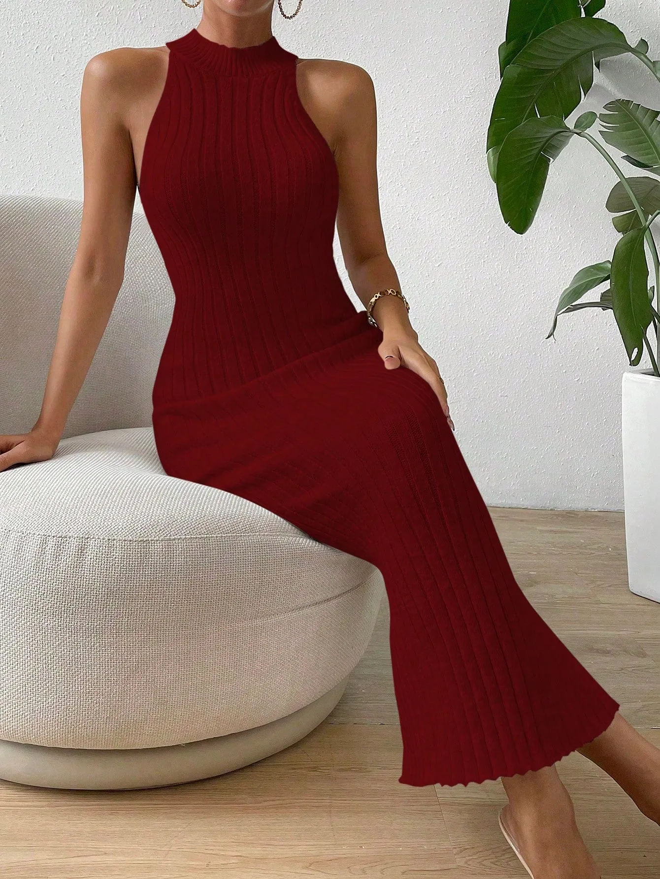 Solid Ribbed Knit Sweater Dress