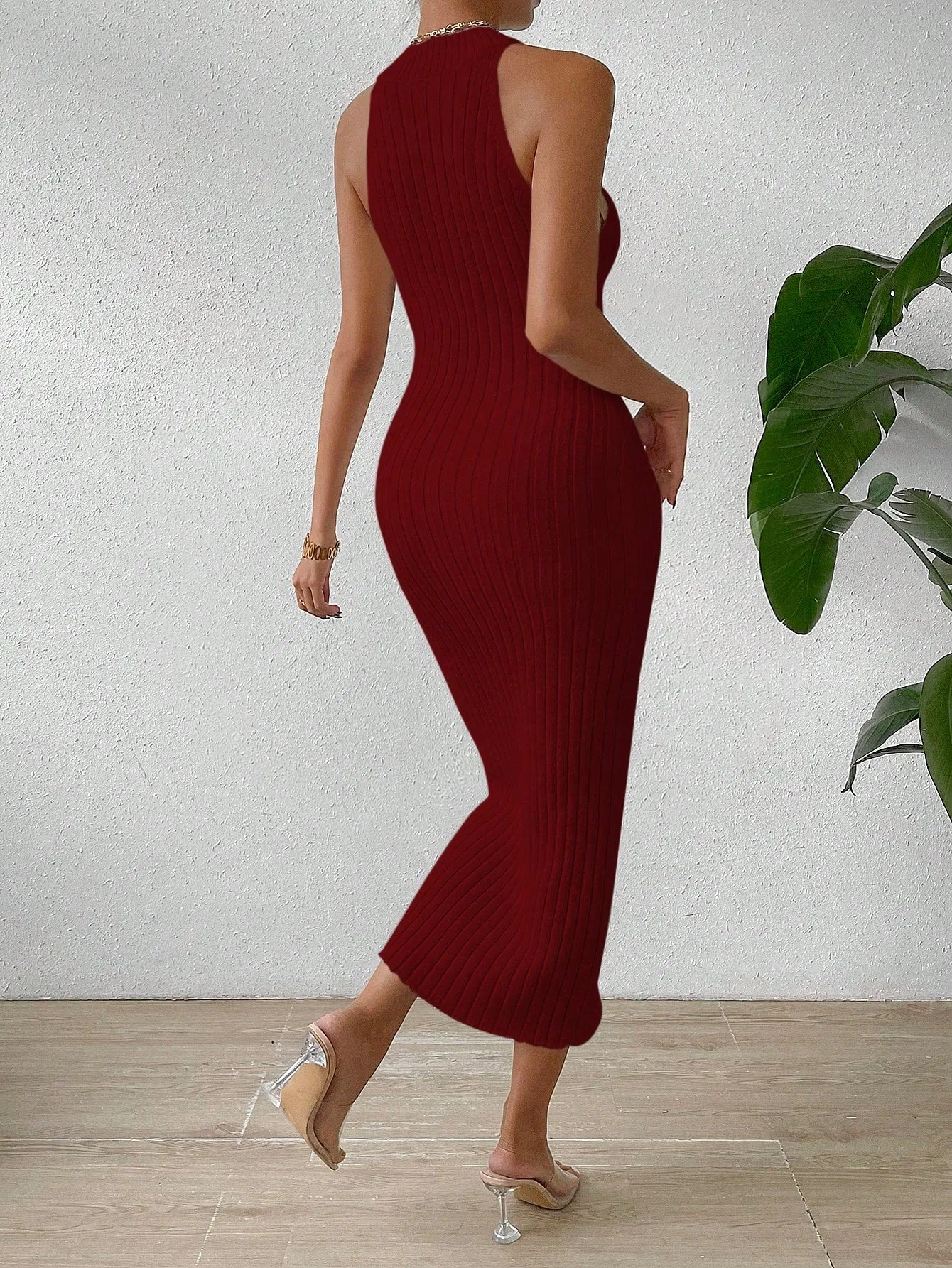 Solid Ribbed Knit Sweater Dress