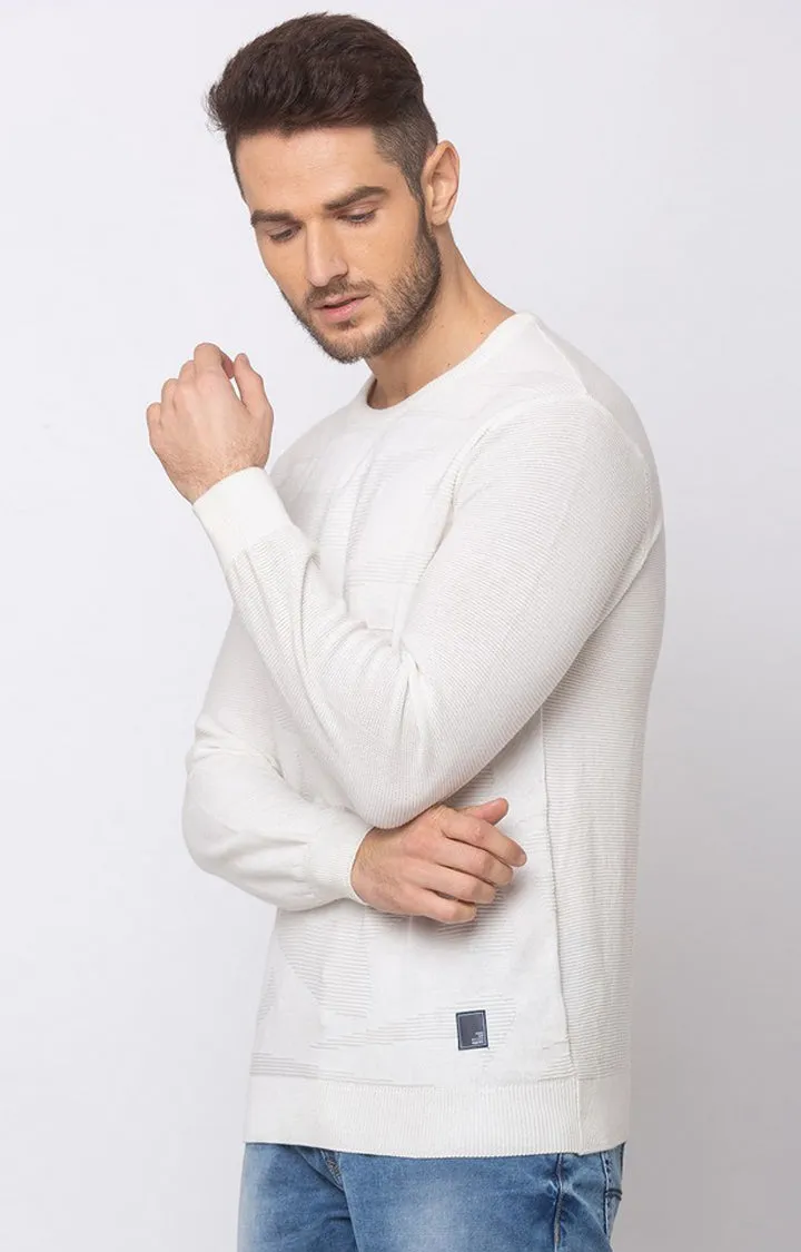 Spykar Men White Cotton Round Neck Full Sleeve Sweater