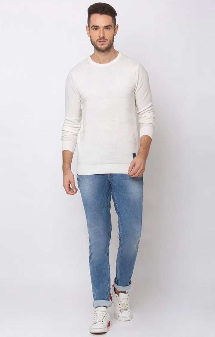 Spykar Men White Cotton Round Neck Full Sleeve Sweater