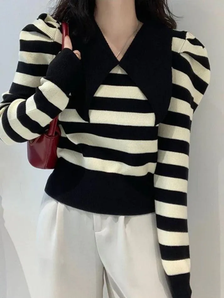 Striped Puff Sleeve Knit Sweater