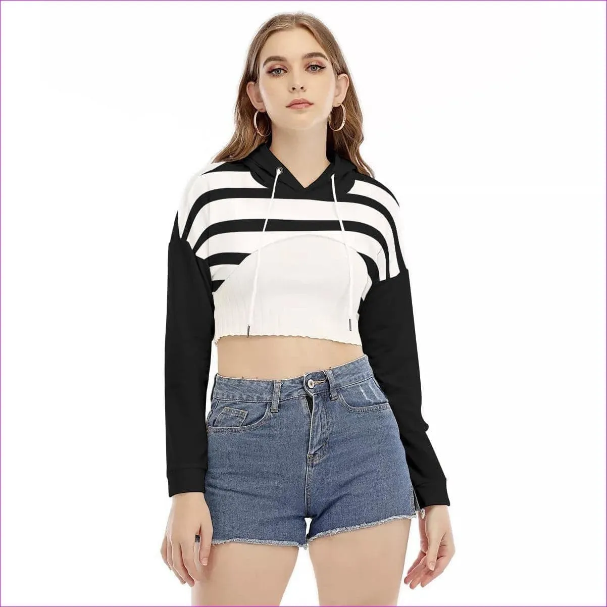 Striped Women's Smock Short Hoodie With Long Sleeve