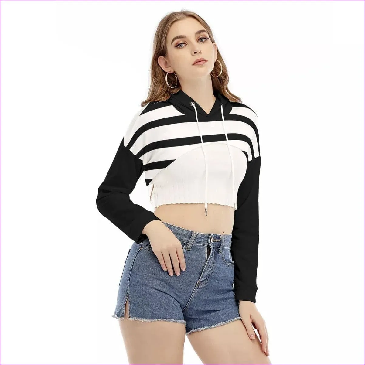 Striped Women's Smock Short Hoodie With Long Sleeve