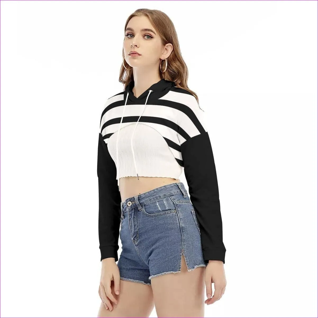 Striped Women's Smock Short Hoodie With Long Sleeve