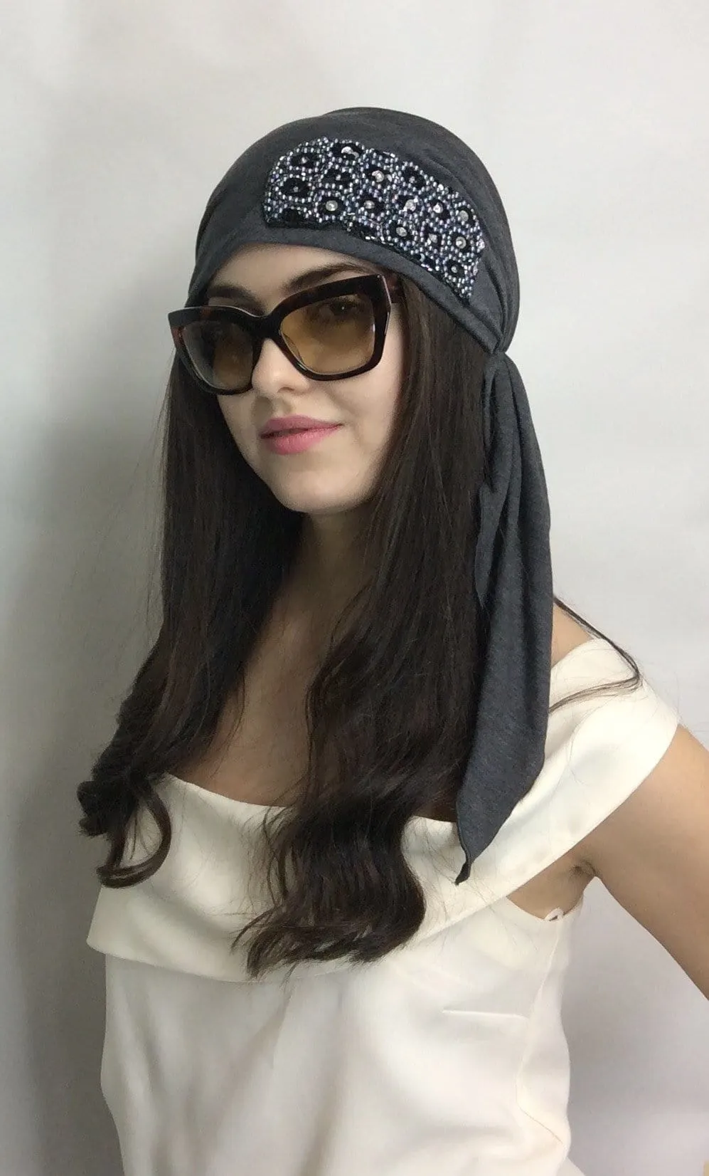 Stunning Pre Tied Modern Hijab Head Scarf with Applique (Black or Grey Scarf)